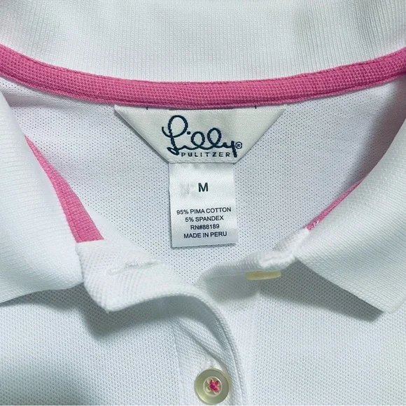 Lilly Pulitzer•M•Vintage White/Hot Pink Polo Shirt•95% Pima Cotton~5% Spandex🌼 - Picture 6 of 9